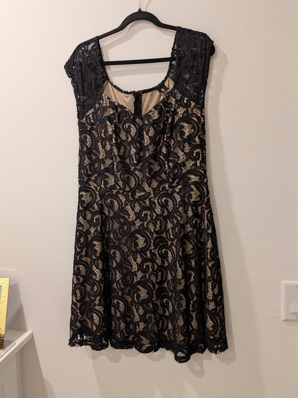 Women's Black Lace Overlay Dress with Nude Lining